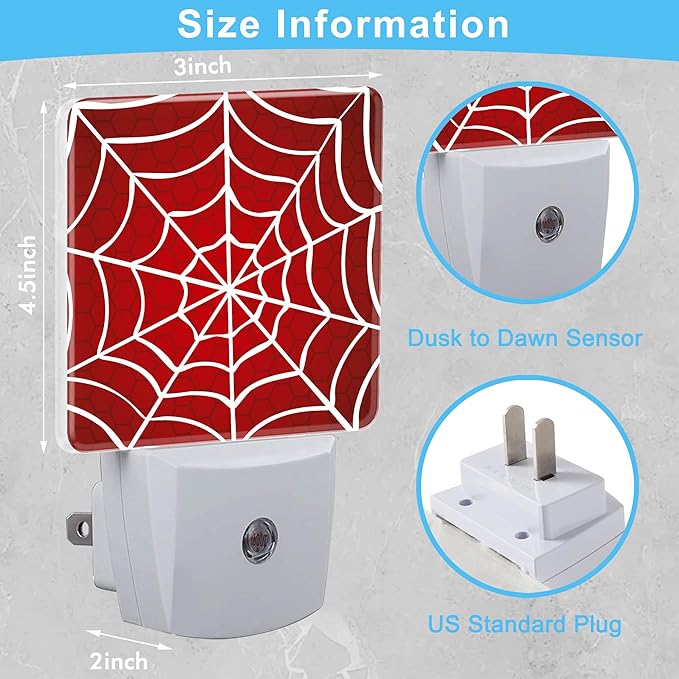 Spider Web Red Plug in Night Light with Auto Dusk to Dawn Sensor,Warm Night Lights for Boys Girls Bedroom Bathroom Hallway Kids Room Gifts
