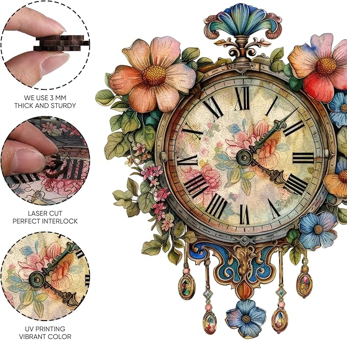 Jiroinlly Wooden Jigsaw Puzzles, Flower Clock Wooden Puzzles for Adults 200 Pieces, Unique Shaped Wood Puzzle, Beautiful Package, Best Gift Toys for Adults and Kids, Family Game,12.2'' x 10.6''