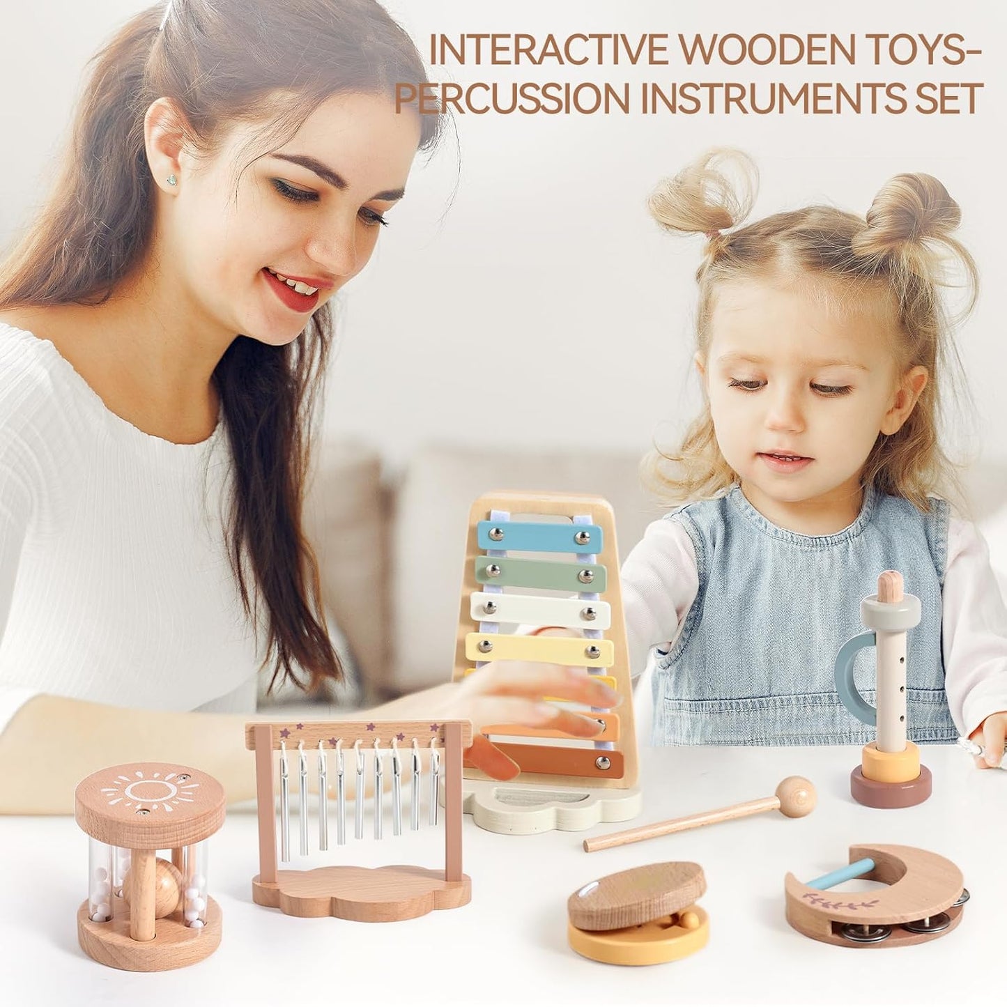 Baby Musical Instruments-Montessori Wooden Musical Toys for Toddlers | Modern Boho Kids Musical Instruments | Wooden Percussion Instruments Set Toys with Xylophone Birthday Gift