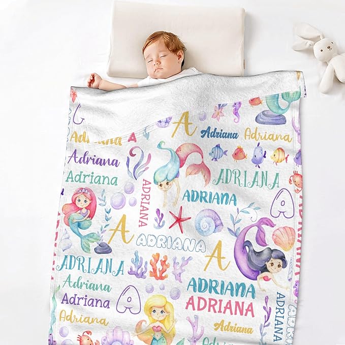 Personalized Baby Blanket for Girls Boys Kids Mermaid Custom Baby Blanket with Name Throw Birthday Gift for Toddlers Infants Shower Newborns Nursery Stroller Crib Bed Decor