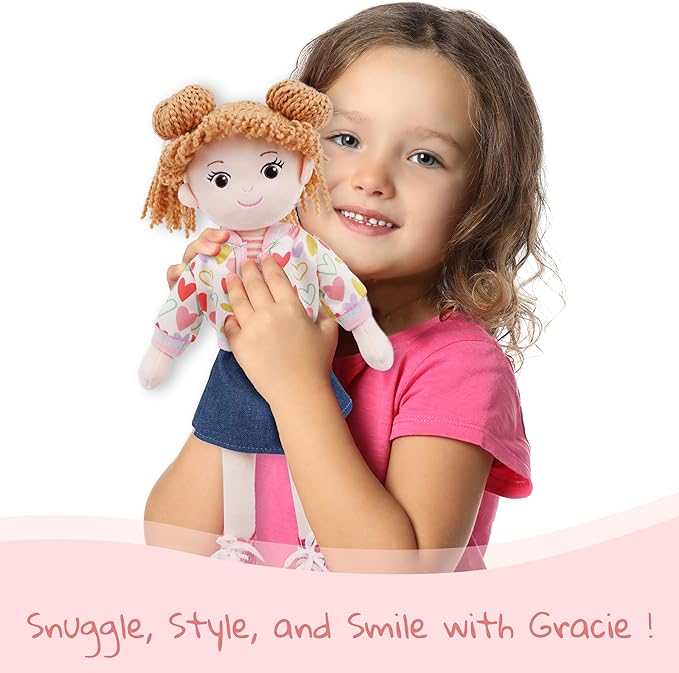 June Garden 14” Snuggle Cutie Doll - Gracie - Soft Plush Doll for Girls and Toddlers - Removable Clothes and Shoes