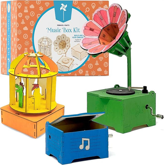 Pinwheel Crafts DIY Wooden Music Box Kit for Kids Age 5+ - Make Your Own Music Box Kit with Carousel, Gramophone and Paints - 3-in-1 Wood STEM Set Gift for Boys and Girls