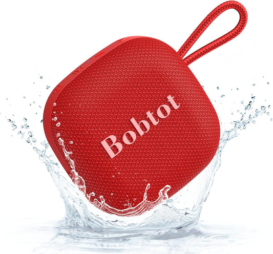 Bobtot Portable Bluetooth Speakers Wireless - IPX7 Waterproof Shower Speaker with 16 Hours Playtime, Loud Stereo Sound, TWS, Built-in Mic, Mini Size with Lanyard to Carry, Red