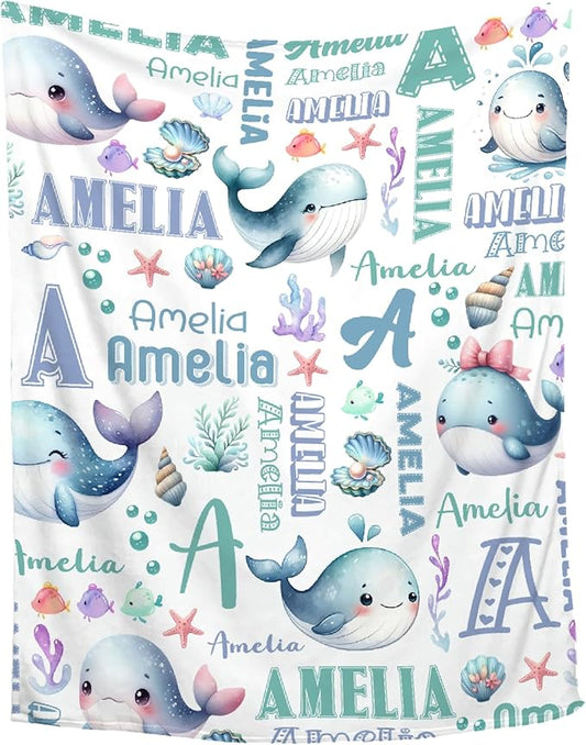 Personalized Baby Blanket for Girls Boys Kids Whales Custom Baby Blanket with Name Throw Birthday Gift for Toddlers Infants Shower Newborns Nursery Stroller Crib Bed Decor