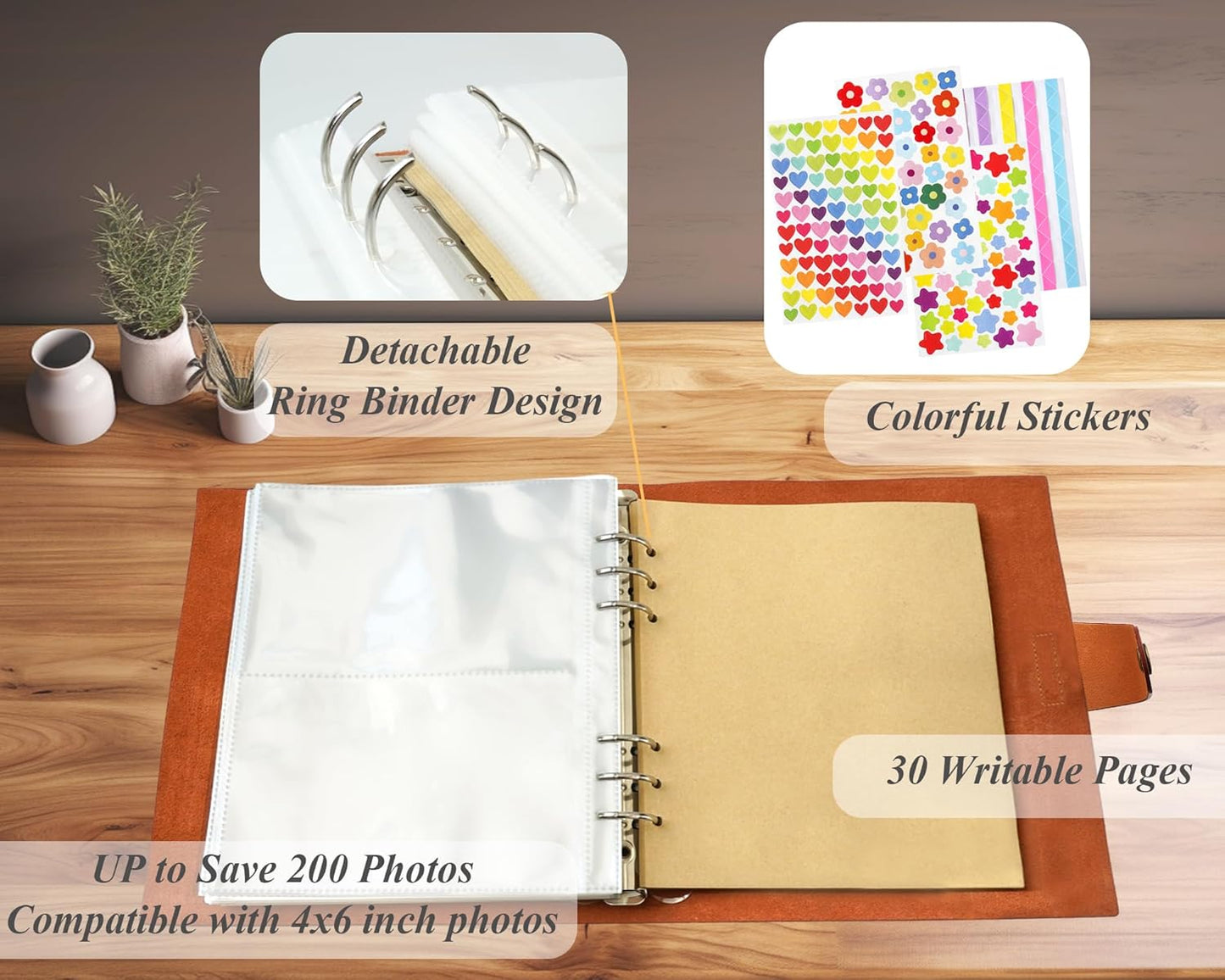 Genuine Leather Photo Album 4x6 for 200 Photos, Scrapbook with Writing Space of 30 Paper and Stickers, Travel Family Wedding Kids Graduation Ultrasound Baby Picture Album, Fathers Day Gift, Brown