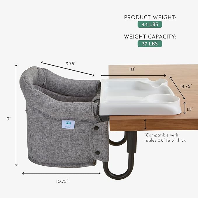 Evolur Clamp-On Comfort Table Chair | Removable & Washable Seat Cover, Dishwasher-Safe Tray, Foldable Design with Carry Bag | Portable High Chair for Babies & Toddlers (6–36 Months)