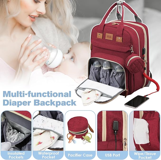 Diaper Bag Backpack, Large Diaper Bag with Changing Station, Baby Bag, New Mom Gifts, Lightweight Waterproof Unisex Diaper Bag with Insulated Pockets and USB Charging Port, Red