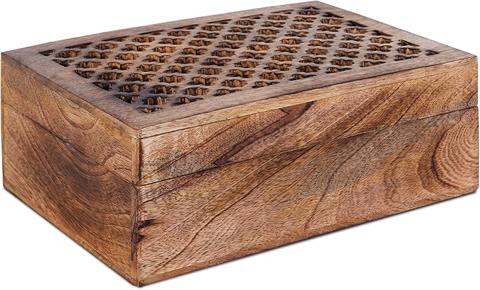Mela Artisans Wooden Keepsake Box | Medium Burnt Mango Wood Memory & Photo Storage Box with Hinged Lid | Decorative Storage Box | Extra Large | 10.5x7.5x4 Inch