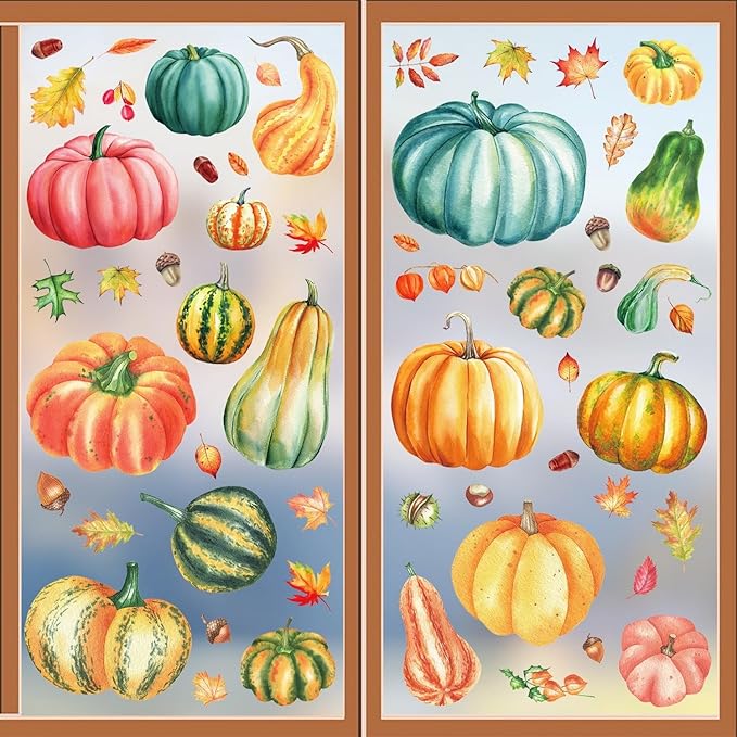 6 Sheets Fall Pumpkin Window Clings Colorful Autumn Pumpkins Leaves Pinecone Designs Double-Sided Fall Leaves Window Clings for Thanksgiving Home School Party Decor Accessories