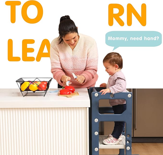 SDADI Adjustable Height Kids Kitchen Step Stool with Removable Safety Rails and Anti-Slip Protection- Toddler Standing Tower with with Ring Toss for Learning and Playing (Blue and Light Grey)