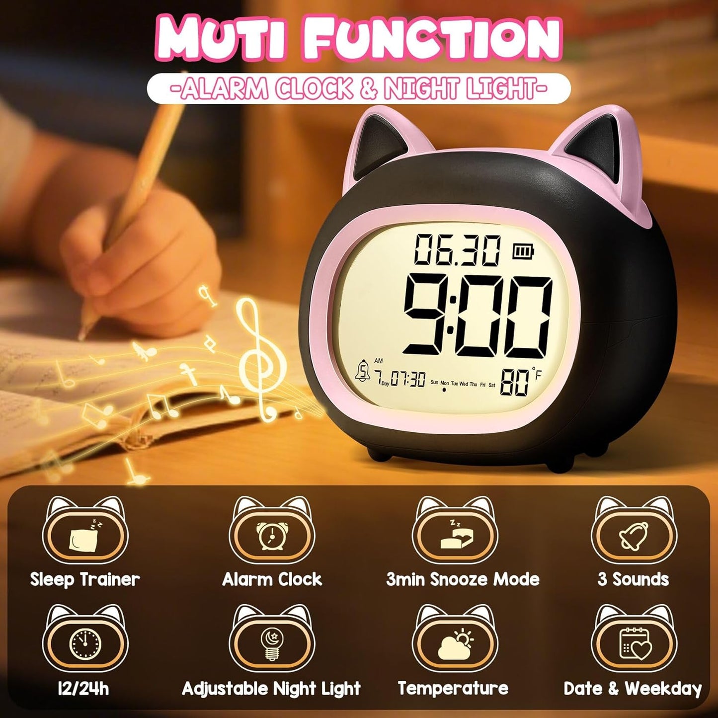 Kids Alarm Clock with Night Light for Kids, Small Digital Alarm Clocks for Bedrooms, Routine Builder, Cute Cat Alarm Clock with Sleep Training, Snooze, 12/24H, Date & Day, Temperature, USB Port