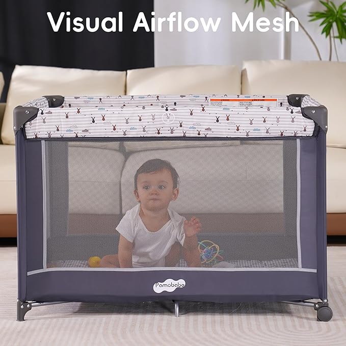 Pamo Babe Portable Playard,Sturdy Play Yard with Padded Mat and Toy bar with Soft Toys