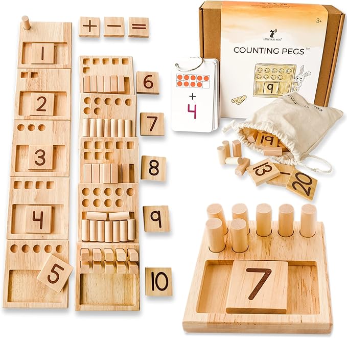 LITTLE BUD KIDS Counting Pegs - A Ten Frame Math Game with Addition and Subtraction Flash Cards, A Wooden Montessori Math Toy & Math Manipulatives Number Peg Boards for Kids 3 4 5 6 7