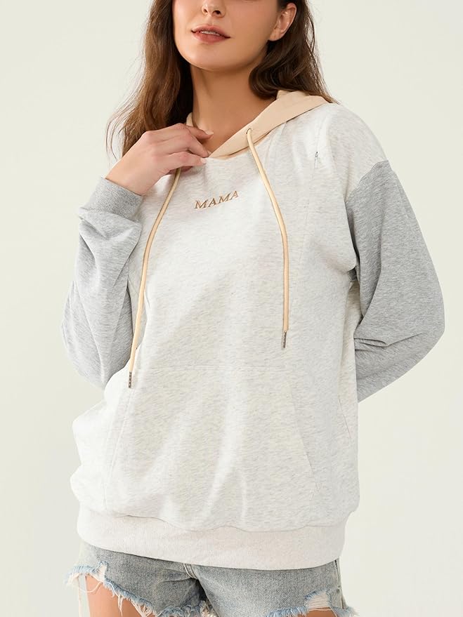 Nursing Hoodie for Breastfeeding Maternity Sweatshirt with Zippers Postpartum Nursing Top Colorblock Clothes
