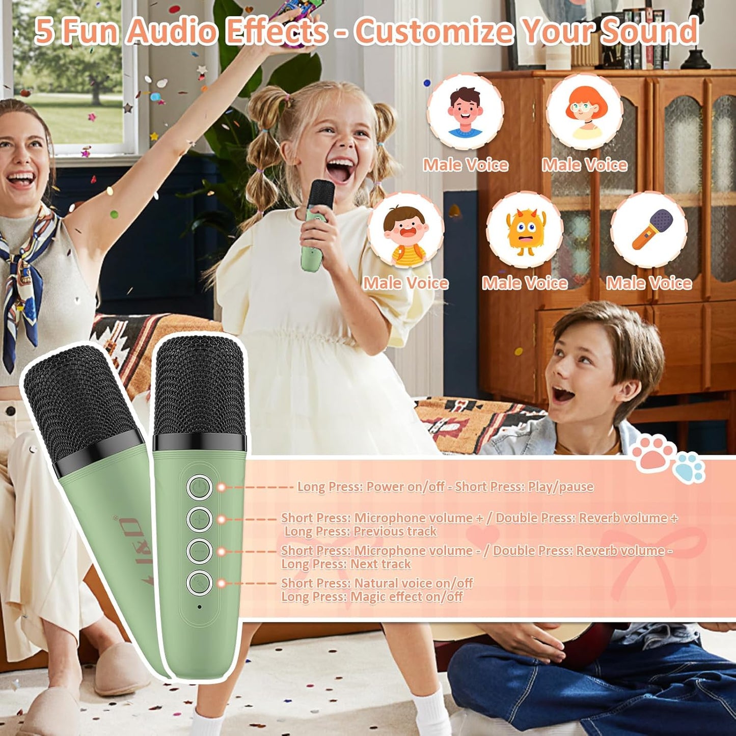 J&D Mini Kids Karaoke Microphone Machine Princess Toys, Colorful LED Portable Bluetooth Speaker with 2 Wireless Mics for Girls Age 3–10 Birthday Party Gifts, Green