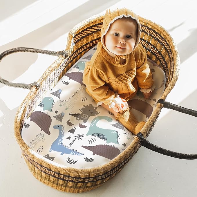 Yoofoss Bassinet Sheets for Baby,3-Pack Fitted Bassinet Sheets Set Compatible with Halo Bassinest Swivel Sleeper,Baby Delight,Angelbliss,Soft Breathable Bassinet Mattress Sheets (Dark Blue+Dinosaurs)