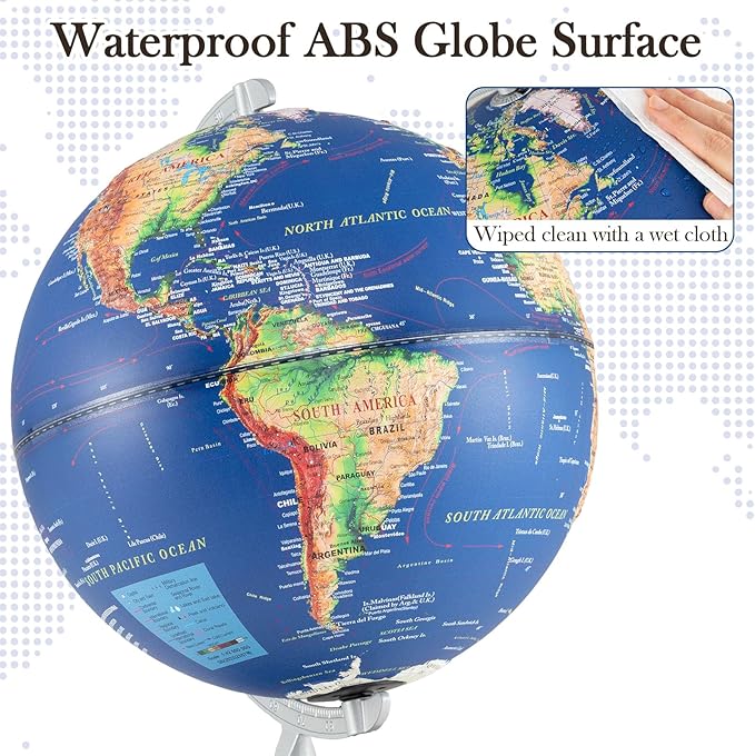 12" Illuminated World Globe, Desktop Globe with Raised Relief, LED Lights, Time Zone & Non-Slip Wooden Base, Geographic Terrain Globes for Decoration & Living Room (Navy)