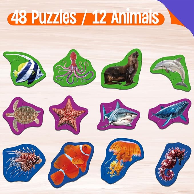 12 Pack Marine Animal Puzzles, 48 Pieces Step-by-Step Animal Jigsaws, Realistic Sea Animal Jigsaw Puzzles with Name Guide Early Learning for Beginner Preschool Toddlers 3+ Years Old