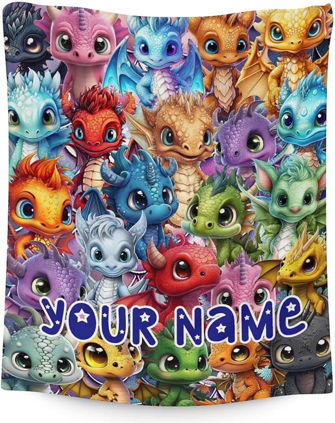 Custom Dragon Blanket Gifts with Name - 30x40 Inches Funny Throw Blanket for Babies, Kids, Boys & Girls - Colorful Soft Fuzzy Blankets for Couch, Sofa & Bed