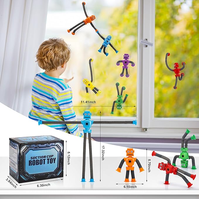 Robot Suction Cup Toys Pop Tubes | 6 PCS-Stretchy Sensory Fidget Toys for Kids Ages 3+ | Perfect for Travel, Party Favors,Autism, Stress Relief | Fun Robot-Shaped Suction Cup Toys