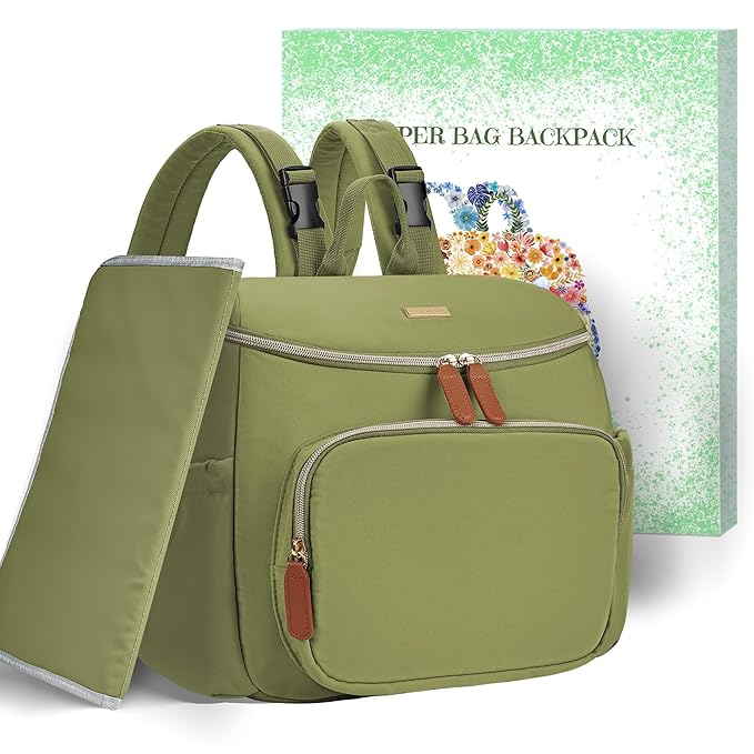 Small Diaper Bag Backpack, Lightweight Baby Bag for Moms and Dads, Compact Travel Diaper Backpack with Stroller Straps & Changing Pad, Waterproof & Stylish Baby Bag for Everyday Essentials - GREEN
