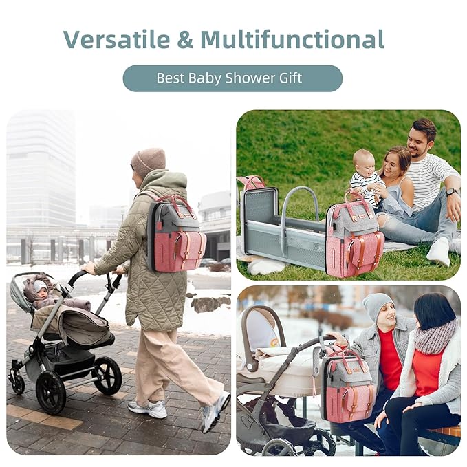 Diaper Bag Backpack with Changing Station, Large Diaper Bag, Baby Bag, Multifunctional Diaper Bag, Pinkgray