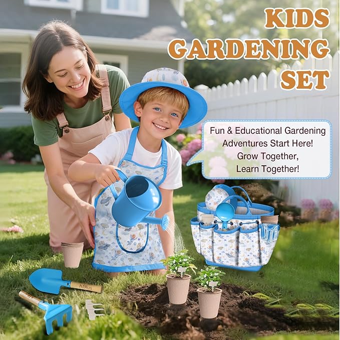 Kids Gardening Tool Set 18PCS Kids Toddler Gardening Set Includes Tote Bag Watering Can Apron Hat Rake Shovel Spoon Gloves Plant Pots and Labels, Outdoor Toys Gift for Boys Girls (Blue)