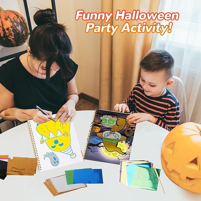 JULEASEL Halloween Foil Paper Arts and Crafts Kits, DIY Halloween Arts and Crafts for Kids, No Mess Foil and Coloring Books, Creative Spooky Art Gifts for Boys Girls Ages 4+