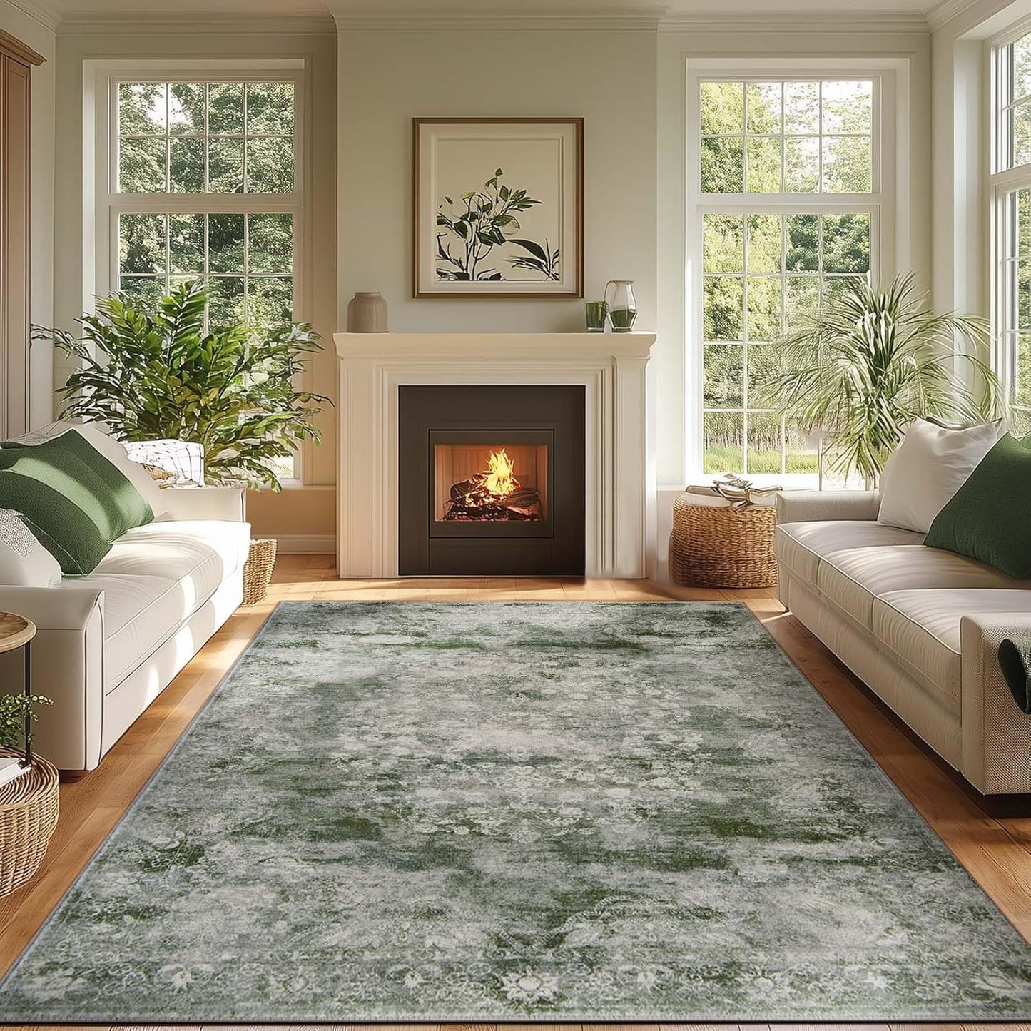 jinchan Washable Area Rug 8x10 for Living Room - Soft Faux Wool Ultra-Thin Stain Resistant Non-Slip Distressed Vintage Floral Large Carpet for Bedroom,Dining Room,Home Office,Nursery(Green, 8'x10')