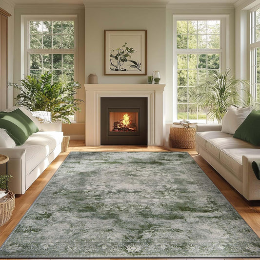 jinchan Washable Area Rug 8x10 for Living Room - Soft Faux Wool Ultra-Thin Stain Resistant Non-Slip Distressed Vintage Floral Large Carpet for Bedroom,Dining Room,Home Office,Nursery(Green, 8'x10')