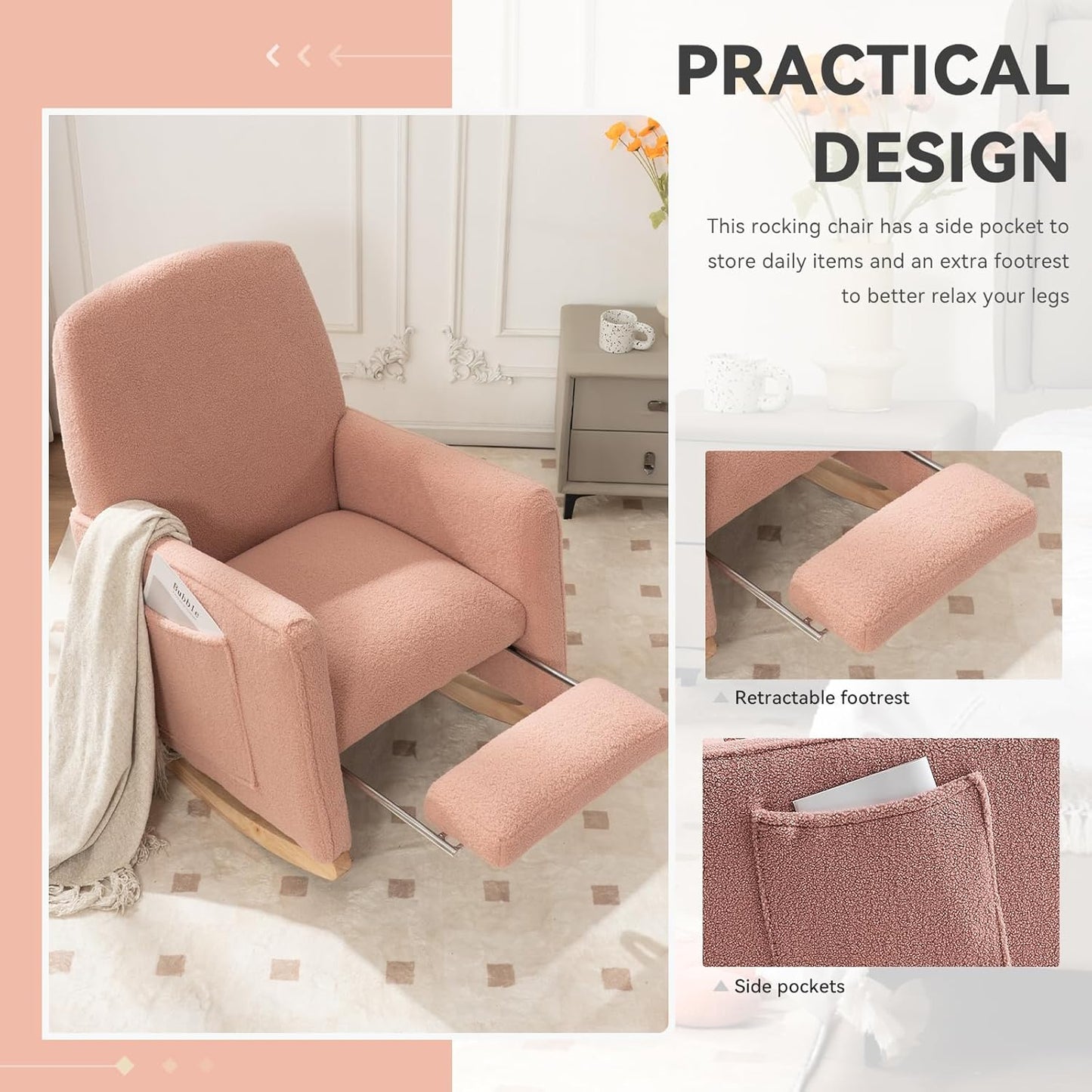 FOXHUNTER Rocking Chair Nursery with Adjustable Footrest and High Backrest, Upholstered Glider Chairs with Side Pockets for Nursery, Rocker Armchair Indoor for Living Room,Pink