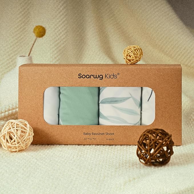 Soarwg Kids Bassinet Sheets, Bassinet Sheets for Baby Boy and Girl, Bassinet Sheet Neutral, Fit for Rectangle, Round, Oval, Hourglass Mattress, Flexible for Different Bassinet Pad/Mattress 4 Pack