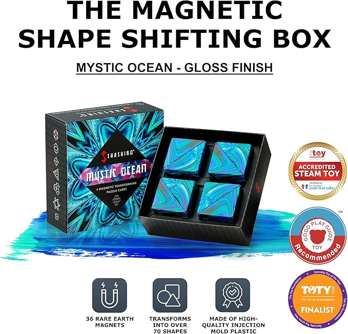 Shashibo Shape Shifting Box - Award-Winning, Patented Fidget Cube w/ 36 Rare Earth Magnets - Transforms Into Over 70 Shapes, Gift Box, Download Fun in Motion Toys Mobile App (Mystic Ocean, 4 Pack)