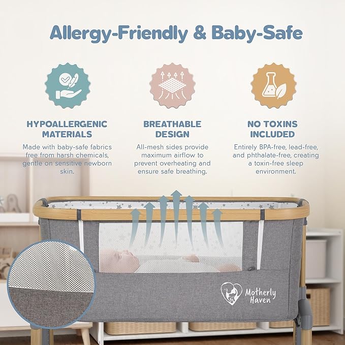 Baby Bassinet Bedside Sleeper, Portable Crib for Newborns, Adjustable 7-Height Auto-Lock, with Wheels, Soft Mattress & Breathable Mesh (Light Grey)