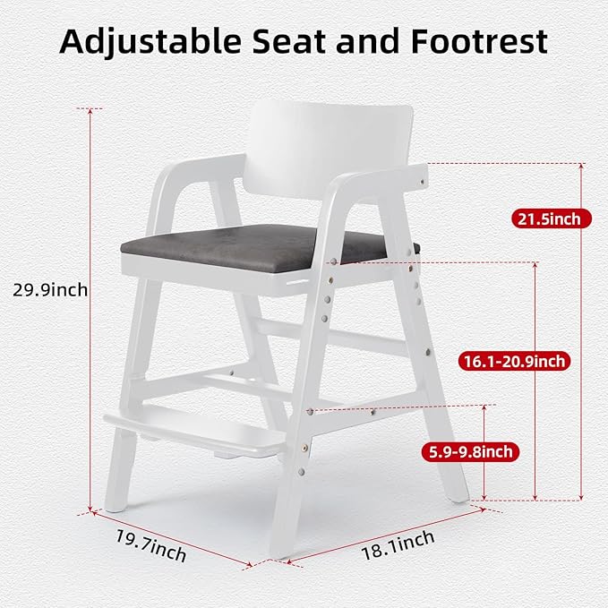 Wooden High Chair Baby Highchair, Portable HighChair for Babies & Toddlers, Adjustable and Convertible Kids Dining Chair with Removable Cushion, Easy to Clean, Water Resistant (White)