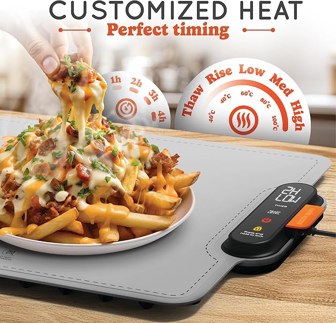 Electric Warming Tray, Rollable Silicone Warming Pad for Food with 4 Temperature Settings, auto Shut-Off, Great Food Warmer Mat for Parties, Buffets, Gatherings and Everyday Use - Gray