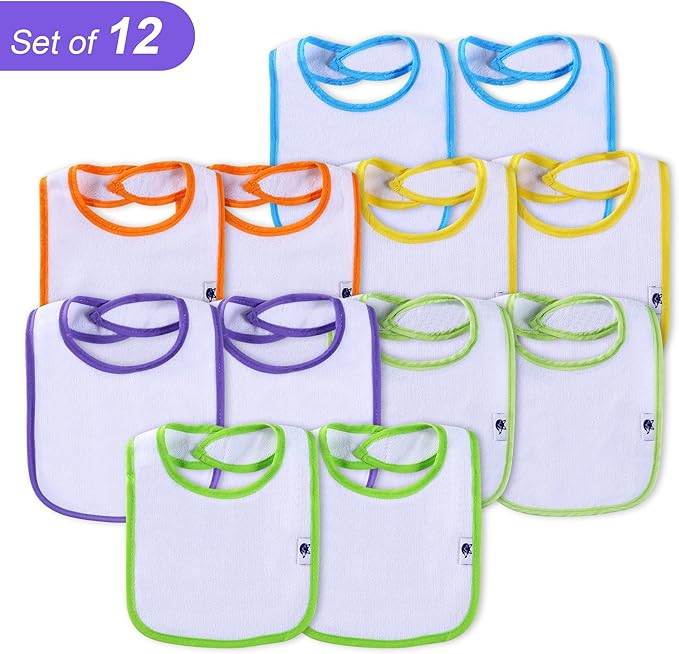 12 Pack Terry Drool Cotton Bibs, Unisex Baby Bibs with Fiber Filling Waterproof for Feeding, Teething, Drooling