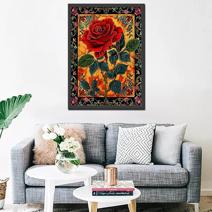 1000 Piece Jigsaw Puzzles for Adults Red Rose Painting Jigsaw Puzzle Floral Patrern Surraunding 1000 Pieces Puzzles for Game Green Plant Colorful Art Wall Decor DIY Craft Puzzle Gifts 27" x 20"