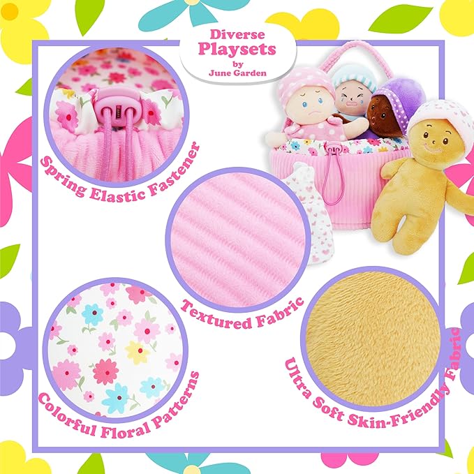 June Garden My First Basket Plush Baby Doll Set - Includes 1 Basket and 4 Multicultural Soft Plush Babies with Emotional Expressions for Infants and Toddlers Birth and Up
