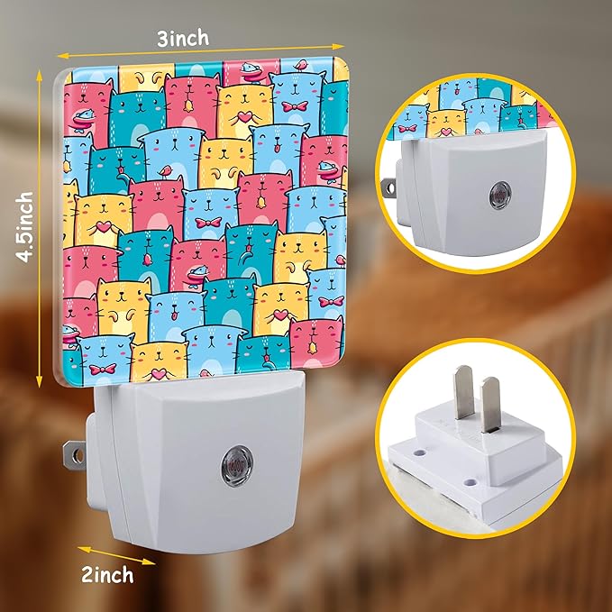 Cute Colorful Cats Night Light Plug into Wall with Dusk to Dawn Sensor Energy Efficient LED Nightlight for Women Girls Boys Room Decor,Hallway,Kitchen,Bathroom,Nursery,Stairs