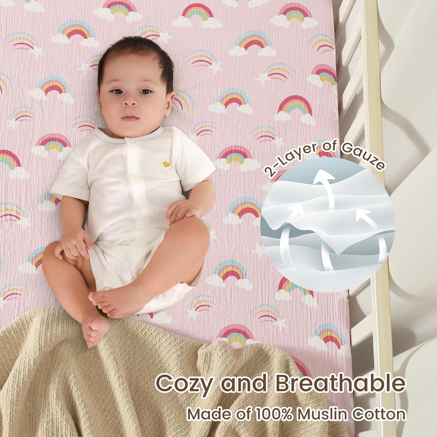 david's kids Muslin Mini Crib Sheets, 2 Pack Cotton Pack N Play Sheets for Boys Girls Neutral, Soft Breathable Baby Sheets Fit Pack N Play, Playard and Mini Crib Mattresses, Rainbow