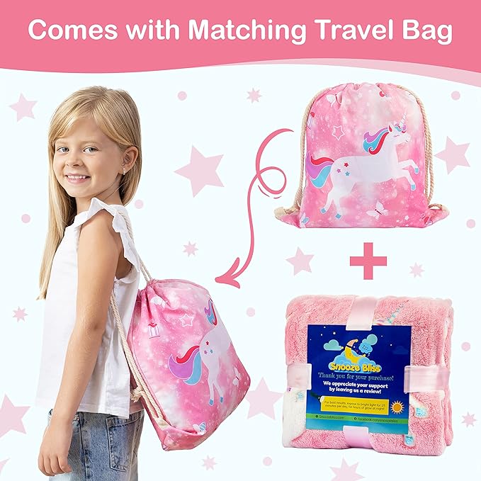 Glow in The Dark Unicorn Blanket for Girls – Soft Pink Fleece Throw. Great Christmas, Birthday, Baby, Toddler Unicorn Gifts for Girls, Fairy, Butterfly, Stars. Bright Long-Last Glow