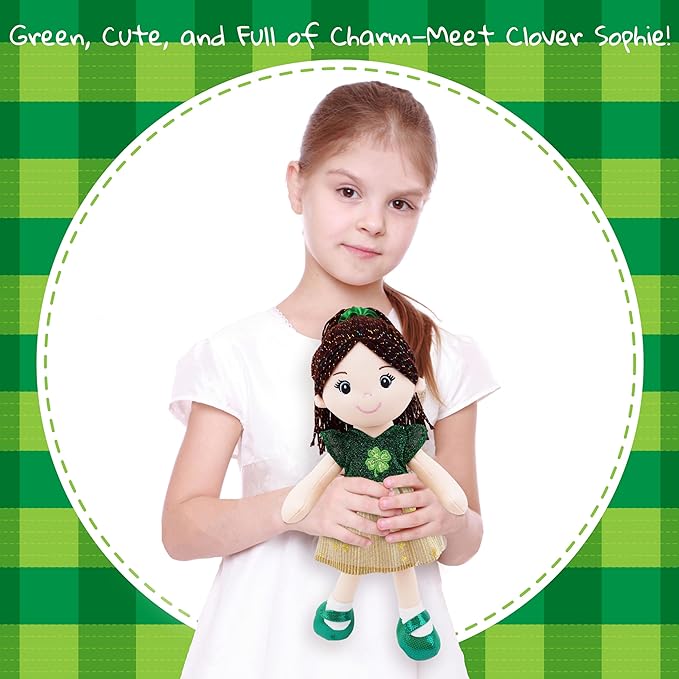 June Garden 14" Snuggle Cuties Clover Sophie - Saint Patrick's Day Soft Plush Doll - Huggable Irish Themed Rag Doll for Girls - Green Outfit