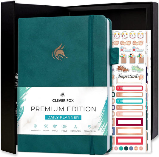 Clever Fox Planner Daily Premium – Undated Daily Planner with Hourly Schedule, Personal Organizer, Productivity Journal, 6 Months (Dark Teal)