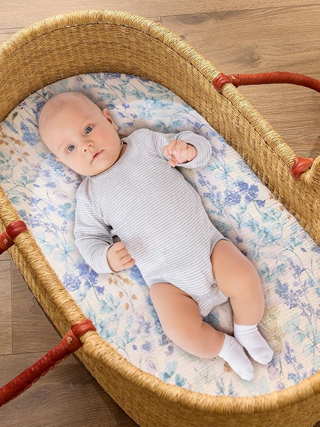 TILLYOU Muslin Bassinet Sheets for Baby Boys Girls 3 Pack, Soft Breathable Elastic Cotton Bassinet Mattress Sheets, Fit Hourglass Oval Rectangle Cradle Mattress, 33"X17",Blue Flower