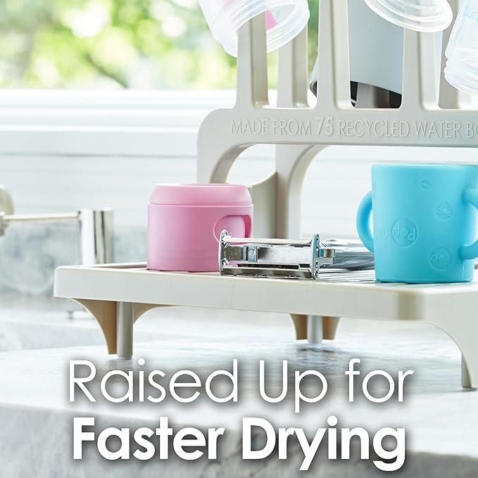 PopYum Glacier White Space Saving Drying Rack from 100% Recycled Bottles with Clear Frosted Silicone Drying Mat, countertop for Baby Bottles, Plastic Bags, Cups, Glass, tumblers, Compact