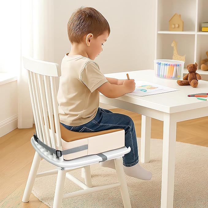 Toddler Dining Table Booster seat, PU Washable Waterproof Double seat Belt Non-Slip Bottom Booster seat for Dining Toddler, Portable Travel Increase Cushion Brown+White