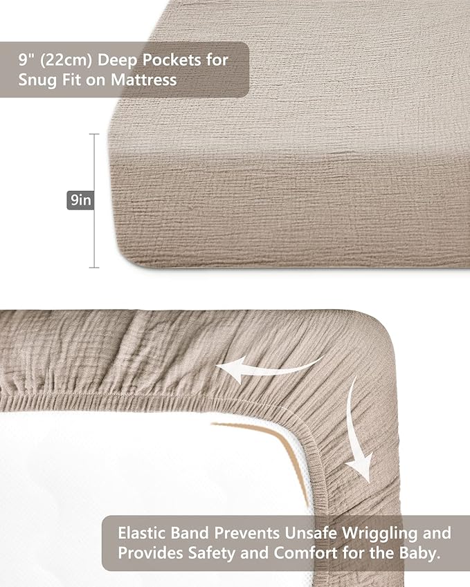 Crib Sheets for Boys Girl, Fitted Baby Toddler Bed Sheets 28" x 52", Neutral Muslin Cotton Crib Mattress Bedding Soft and Breathable Comfort (Beige)