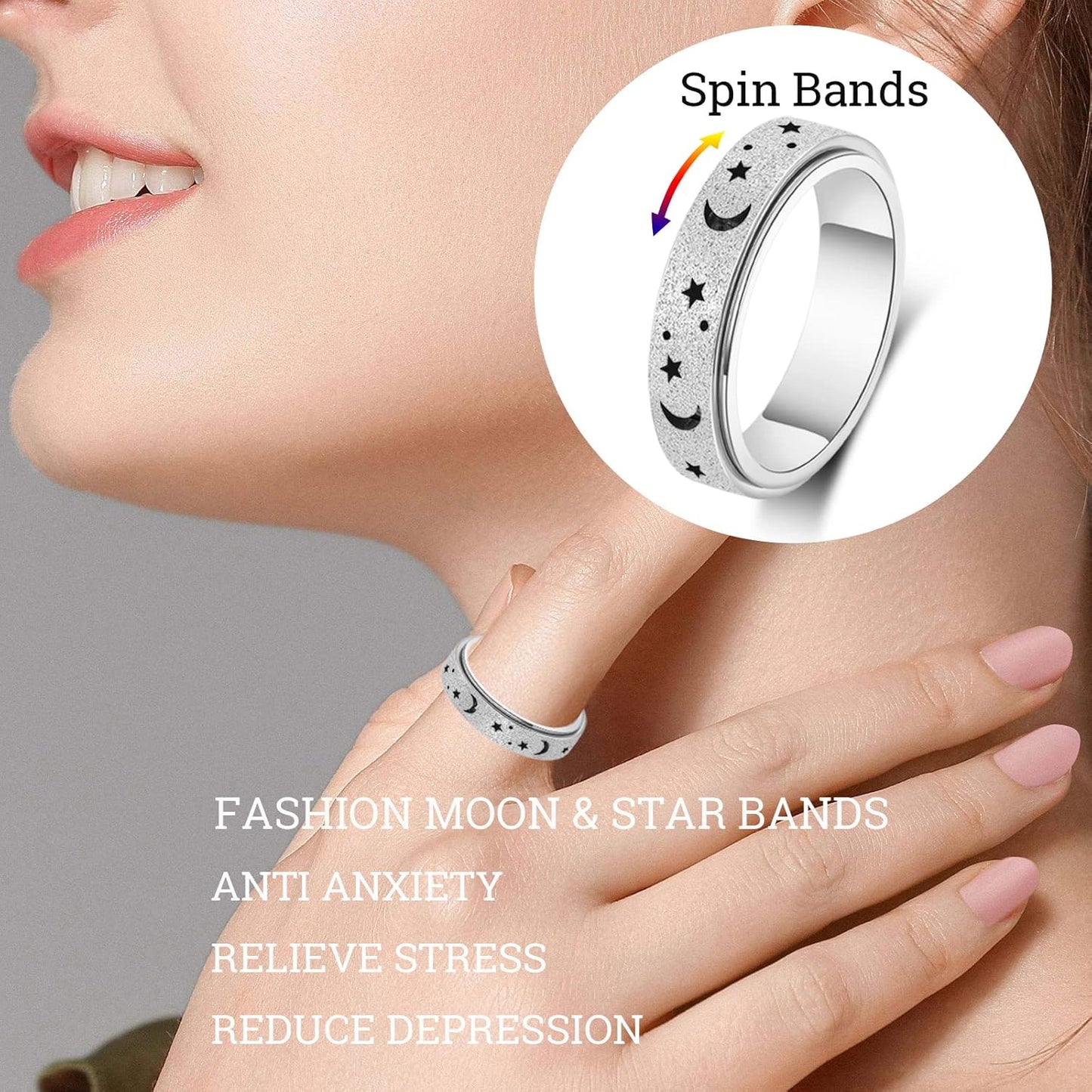 Anxiety Ring for Women Men, Titanium Stainless Steel Spinner Ring, 5 Colors, 6MM, Size 6-10, 3 Styles Anxiety Ring-Moon Star, Sandblasted Finished, Hollow Outer