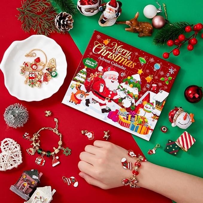 Christmas Advent Calendar Bracelets 2025 for 24 Days Xmas Countdown Calendar DIY Jewelry Making Kit Gift 22 Charm Beads 2 Bracelets for Women